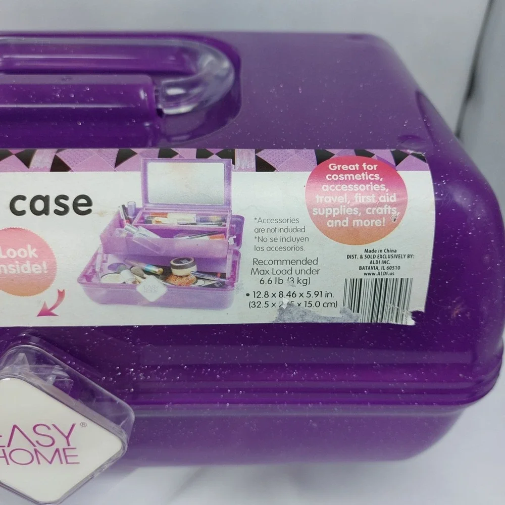 Easy Home Retro Cosmetic‎ Makeup Case Purple Glitter Mirror Removable Shelf